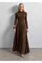 Bitter Coffee-Colored Stretch Fabric Fisherman's Collar Long-Sleeved Ruffled Maxi Dress - 2