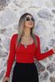 Red Metal V-Neck Blouse with Corded Fabric Detail - 2