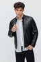 Men's Leather Jacket with Zipper and Two Zippered Pockets - 2
