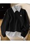 Black Oversized Sweatshirt with Horse Print and Crew Neck