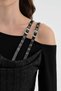 Women's Boat Neck Long-Sleeved Blouse with Leather Buckle Detail - 6