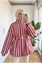 Women's Red Tunic Jacket with Vertical Stripes and a Metal Buckled Belt - 4