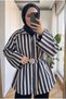 Women's Navy Blue Tunic Jacket with Vertical Stripes and a Metal Buckled Belt