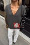 Women's Knit Cardigan with Gray Boat Neck and Diamond Patterned Sleeves - 4