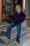 Navy Blue Cyra Mock Neck Striped Oversized Spanish-Sleeve Women's Knit Sweater - 4