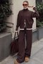 Brown Nisha Reversible Zipper Mock Neck Corded Fabric Knit Women's Top and Bottom Set