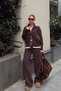 Brown Nisha Reversible Zipper Mock Neck Corded Fabric Knit Women's Top and Bottom Set - 2