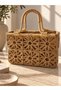Hand-Knitted Women's Clutch Bag with Floral Motifs and a Natural Woven Look – Lined Summer Bag with a Strappy Bamboo Handle - 2