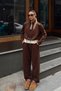 Brown Ruched Paneled Cardigan and High-Waisted Sweatpants Women's Top and Bottom Set - 4