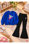 Girls' Flared Leggings Set with Crew Neck Printed Sweatshirt—3-Ply Brushed Inside Winter Cotton Set