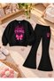 Girls' Flared Leggings Set with Printed Crew Neck Sweatshirt—3-Ply Brushed Inside Winter Cotton Set