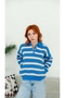 Women's Cobalt Blue and White Striped Polo Collar Knit Sweater