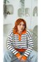 Women's Orange Polo Collar Black-and-White Striped Knit Sweater - 3