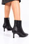 Women's Knitted Detail Classic Heeled Boots 5129 BLACK LEATHER - 6