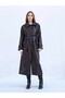 Women's Black Soft Leather-Belted Maxi Trench Coat - Oversized Buttoned Faux Leather Coat