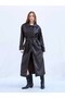 Women's Black Soft Leather-Belted Maxi Trench Coat - Oversized Buttoned Faux Leather Coat - 6