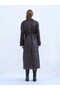 Women's Black Soft Leather-Belted Maxi Trench Coat - Oversized Buttoned Faux Leather Coat - 3