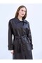 Women's Black Soft Leather-Belted Maxi Trench Coat - Oversized Buttoned Faux Leather Coat - 5