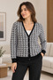 Women's 100% Cotton Leopard Print Knit Cardigan with Black Piping, Buttons, Long Sleeves, and V-Neck