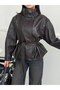 New Season Women's Mock Neck Leather Belted Trench Coat