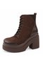 SMS2223 Women's Brown Suede-Look Lace-Up and Zipper Platform Boots with Thick Heels - 2