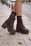 SMS2223 Women's Brown Suede-Look Lace-Up and Zipper Platform Boots with Thick Heels