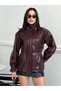 New Season Women's Leather Jacket with Elastic Waistband and Mock Neck Detail - 2
