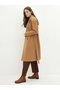 Brown Jacket with Collar, Button-Front Design, Belted at the Waist, Long-Sleeved, Thick Women's Melton Coat - 2