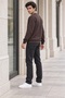 Men's Brown Brioche Knit Crew-Neck Sweatshirt, Relaxed Fit with Elastic Cuffs and Hem - 3