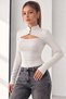 Women's Stretchy Blouse with a Mock Neck, Plunging Neckline, and Double-Button Detail