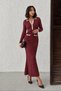 Women's Burgundy Polo Collar, Button Collar Detail, Long-Sleeved, Corded Fabric, Elegant Knit Midi Dress (S/M) - 4