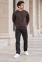 Men's Brown Brioche Knit Crew-Neck Sweatshirt, Relaxed Fit with Elastic Cuffs and Hem - 6