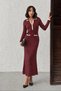 Women's Burgundy Polo Collar, Button Collar Detail, Long-Sleeved, Corded Fabric, Elegant Knit Midi Dress (S/M) - 3