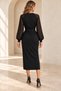 Women's Long-Sleeved, Patterned, Belted, Slit, Draped Midi Length Evening Gown - 8
