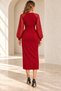 Women's Long-Sleeved, Patterned, Belted, Slit, Draped Midi Length Evening Gown - 4