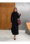 Women's Black Long Knit Dress with a Half-Turtleneck, Detachable Scarf, and Buttoned Sleeves - 6