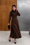 Women's Bitter Coffee-Colored Long-Sleeve Knit Dress with a Boat Neck, Detachable Scarf, and Half-Buttoned Sleeves