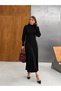 Women's Black Long Knit Dress with a Half-Turtleneck, Detachable Scarf, and Buttoned Sleeves - 2