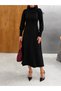 Women's Black Long Knit Dress with a Half-Turtleneck, Detachable Scarf, and Buttoned Sleeves - 4