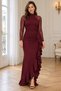 Women's Long-Sleeved Crew-Neck Tulle Detail Asymmetrical Front Ruffled Long Evening Gown