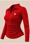 Red Polo Collar Long-Sleeve Glittery, Embroidered, Stretch Fabric Premium Body Blouse - 2