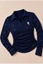 Navy Blue Long-Sleeve Polo Shirt with Glittery Embroidery, Collar Detail, and Stretch Fabric—Premium Body Blouse - 5