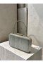 Silver-Gray Lamé Striped Patterned, Laser-Cut Patterned, Silver-Framed, Metal-Handled Women's Evening Bag for Weddings and Engagement Parties - 8