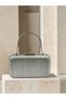Silver-Gray Lamé Striped Patterned, Laser-Cut Patterned, Silver-Framed, Metal-Handled Women's Evening Bag for Weddings and Engagement Parties - 7
