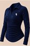 Navy Blue Long-Sleeve Polo Shirt with Glittery Embroidery, Collar Detail, and Stretch Fabric—Premium Body Blouse - 4