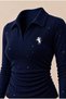 Navy Blue Long-Sleeve Polo Shirt with Glittery Embroidery, Collar Detail, and Stretch Fabric—Premium Body Blouse - 2