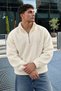 Men’s Mock Neck Zip-Up Casual Ecru Fleece - 2