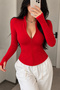 Rover Red Long-Sleeved Finger-Loop Zippered Pocket Stretch Soft Yoga Fitness Cardigan