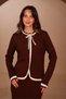 Women's Contrast-Piped Bow-Collar 2-Piece Knit Skirt Modest Set 3282 Brown - 4