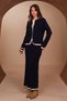 Women's Contrast-Piped Bow-Collar 2-Piece Knit Skirt Modest Set 3282 Navy Blue